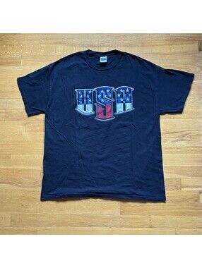 Vintage Gildan Heavy Cotton USA American Flag Graphic T-Shirt Black Men’s XL Y2K